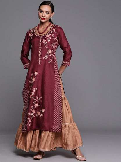 Dhiyona IE Women Maroon & Beige Ethnic Motifs Printed Kurta