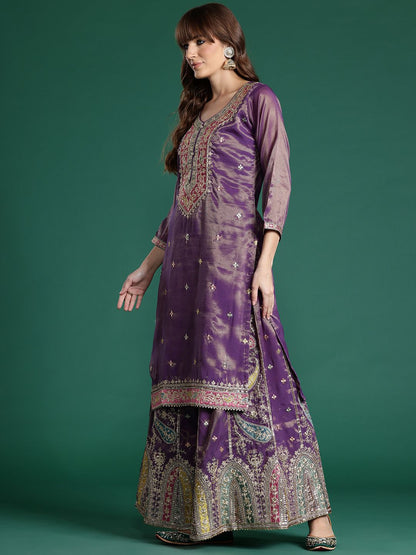 Ethnic Motifs Embroidered Sequinned Kurta with Palazzos & Dupatta