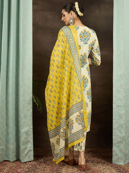 Dhiyona IE Women Floral Printed Cotton Kurta with Pyjama & Dupatta