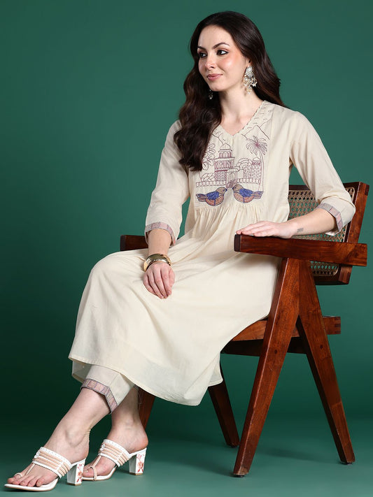Embroidered Panelled Thread Work Kurta with Trousers