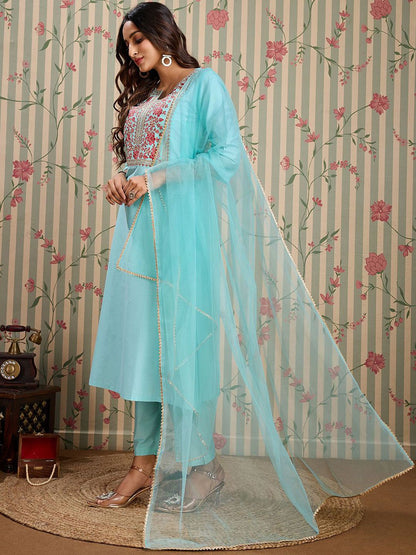 Dhiyona OD  Floral Embroidered Notch Neck Kurta With Trousers And Dupatta