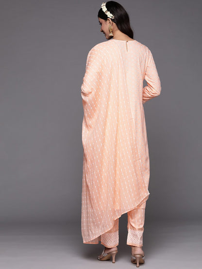 Women Peach-Coloured Floral Printed Liva Kurta with Trousers & With Dupatta