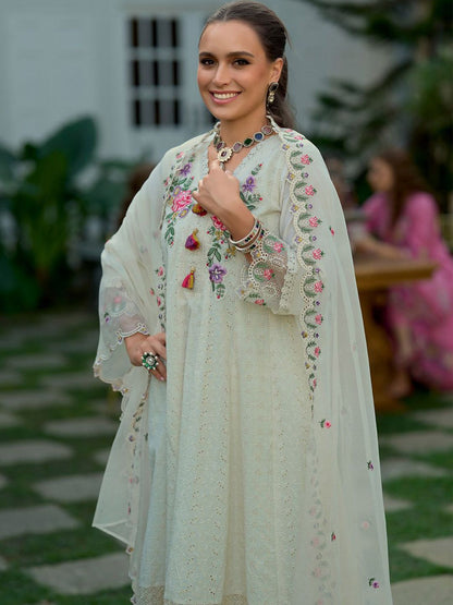 Floral Yoke Design Thread Work Pure Cotton Anarkali Kurta Wth Trousers & Dupatta