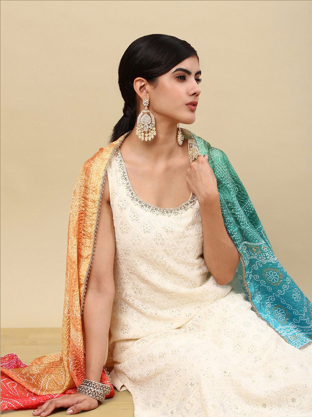 Dhiyona SO Women's Off White Ethnic Motifs Embroidered Regular Thread Work Kurta Set With Dupatta