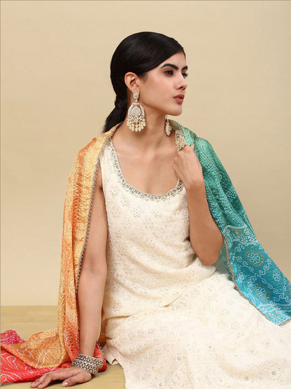 Dhiyona SO Women's Off White Ethnic Motifs Embroidered Regular Thread Work Kurta Set With Dupatta