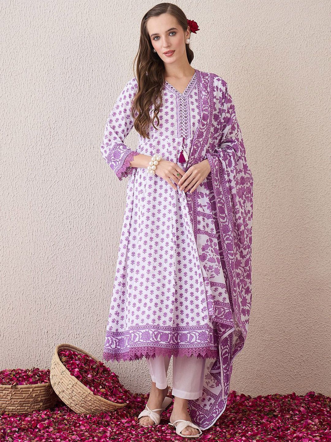 Dhiyona IE Floral Printed V-Neck Empire Pure Cotton Anarkali Kurta With Trouser And Dupatta