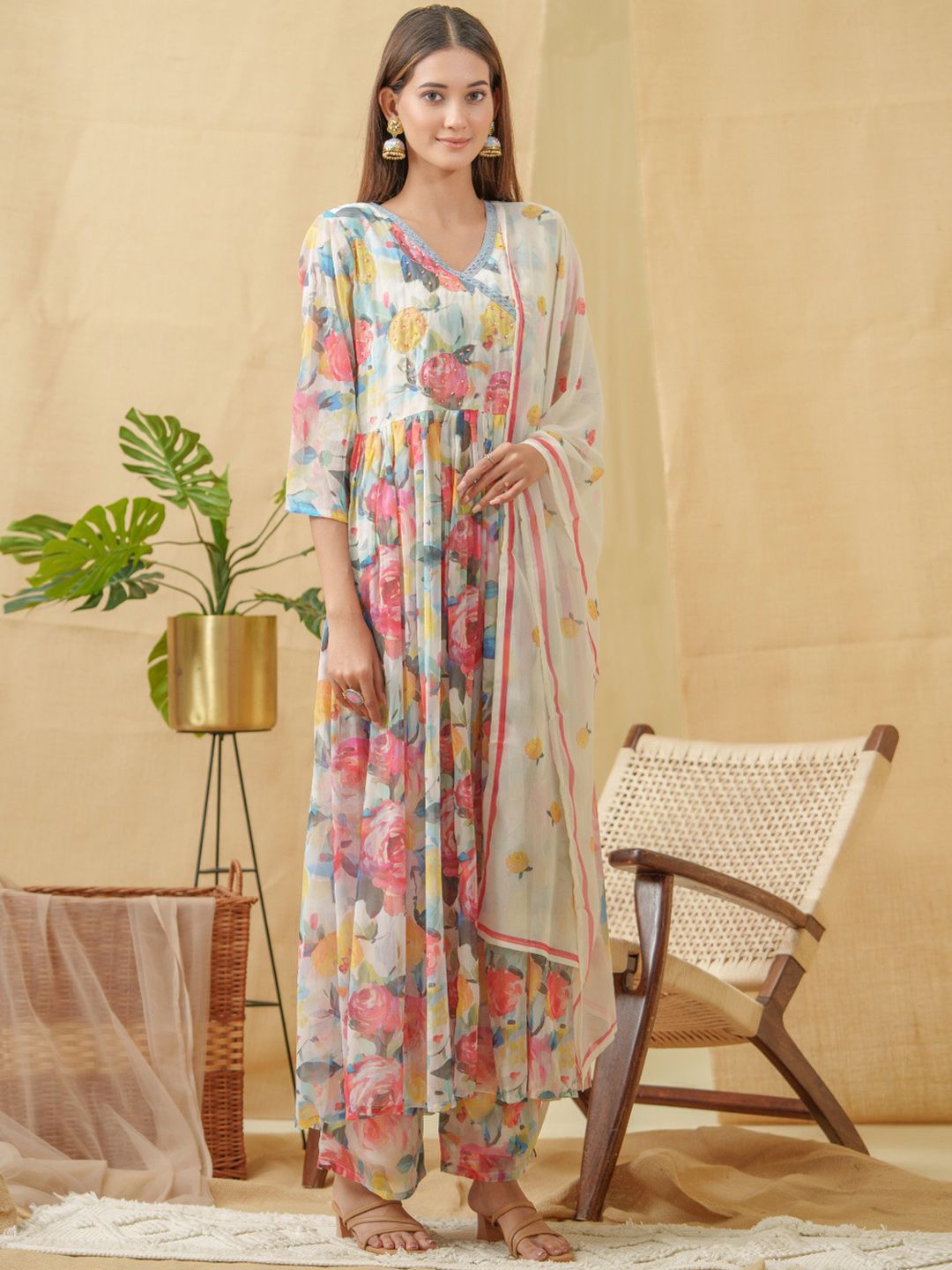 Dhiyona IS Women's V-Neck Floral Printed Angrakha Kurta with Palazzos & Dupatta