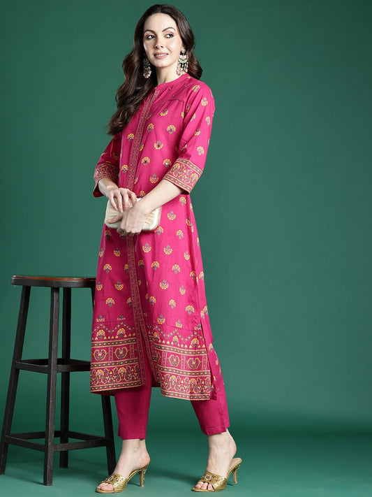 Dhiyona IE Ethnic Motifs Printed Pure Cotton Kurta with Trousers