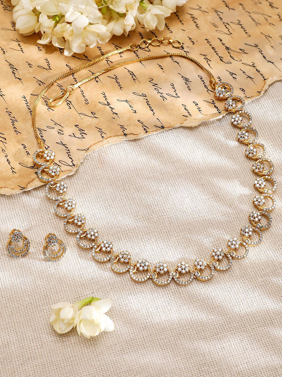 Dhiyona RJ Women's 22K Gold-Plated White Cubic Zirconia Studded Elegant Necklace Set with Earrings