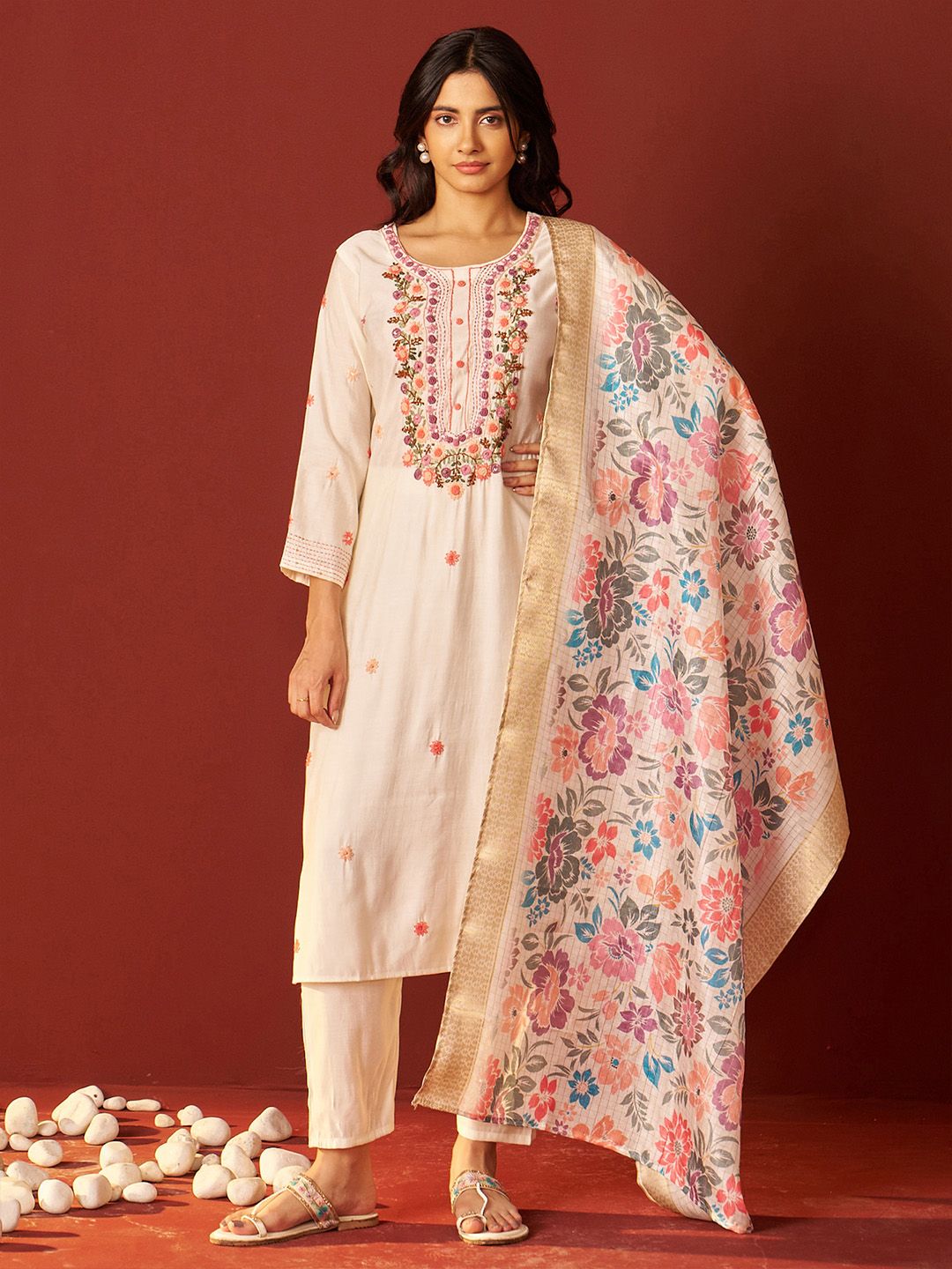 Floral Embroidered Thread Work Kurta With Trousers & Dupatta