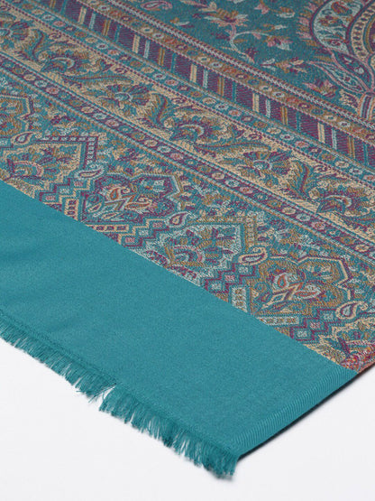 Dhiyona PA Women Teal Woven Design Wool Jamawar Shawl