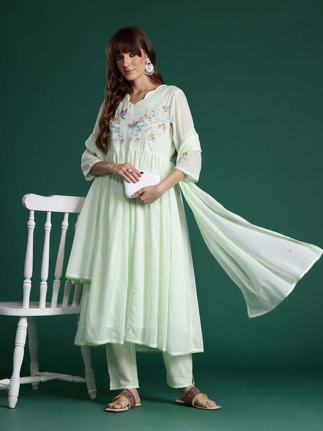 Dhiyona IE Floral Embroidered Pleated Thread Work Pure Cotton Kurta with Trousers & Dupatta