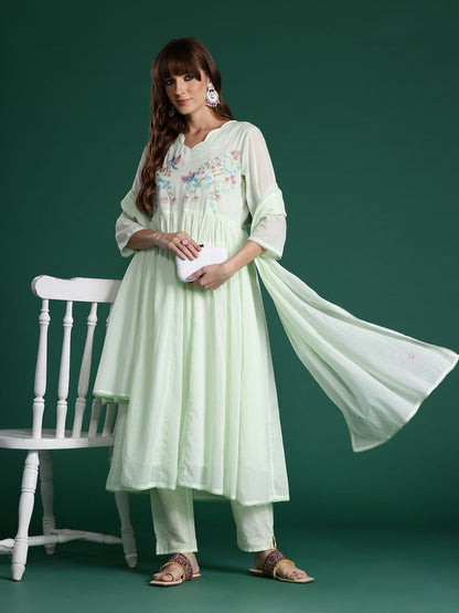 Dhiyona IE Floral Embroidered Pleated Thread Work Pure Cotton Kurta with Trousers & Dupatta