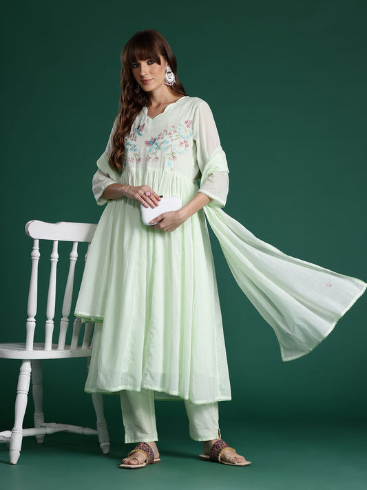 Dhiyona IE Floral Embroidered Pleated Thread Work Pure Cotton Kurta with Trousers & Dupatta