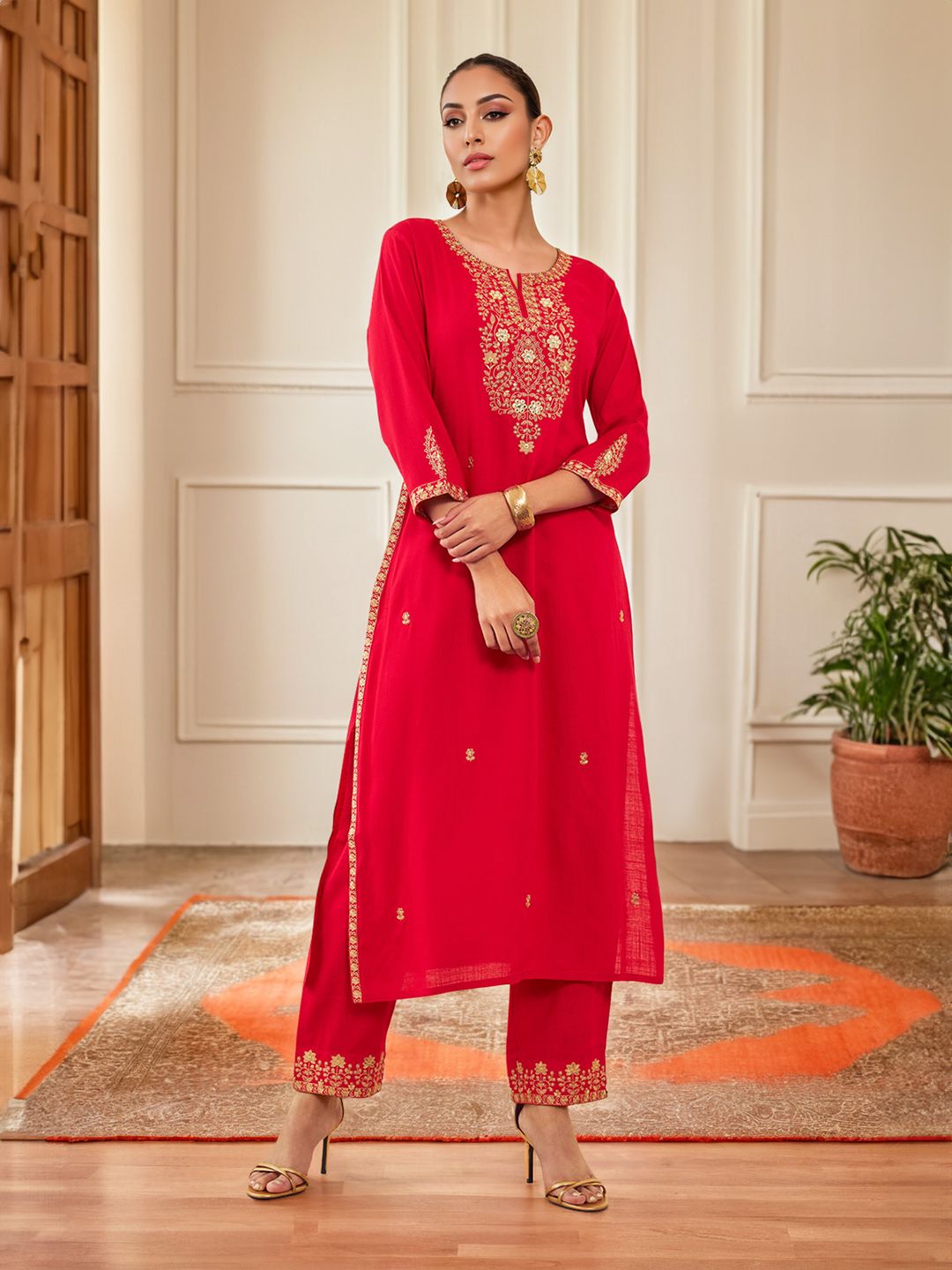 Dhiyona SO Women's Red Ethnic Motifs Embroidered Regular Mirror Work Kurta With Trousers