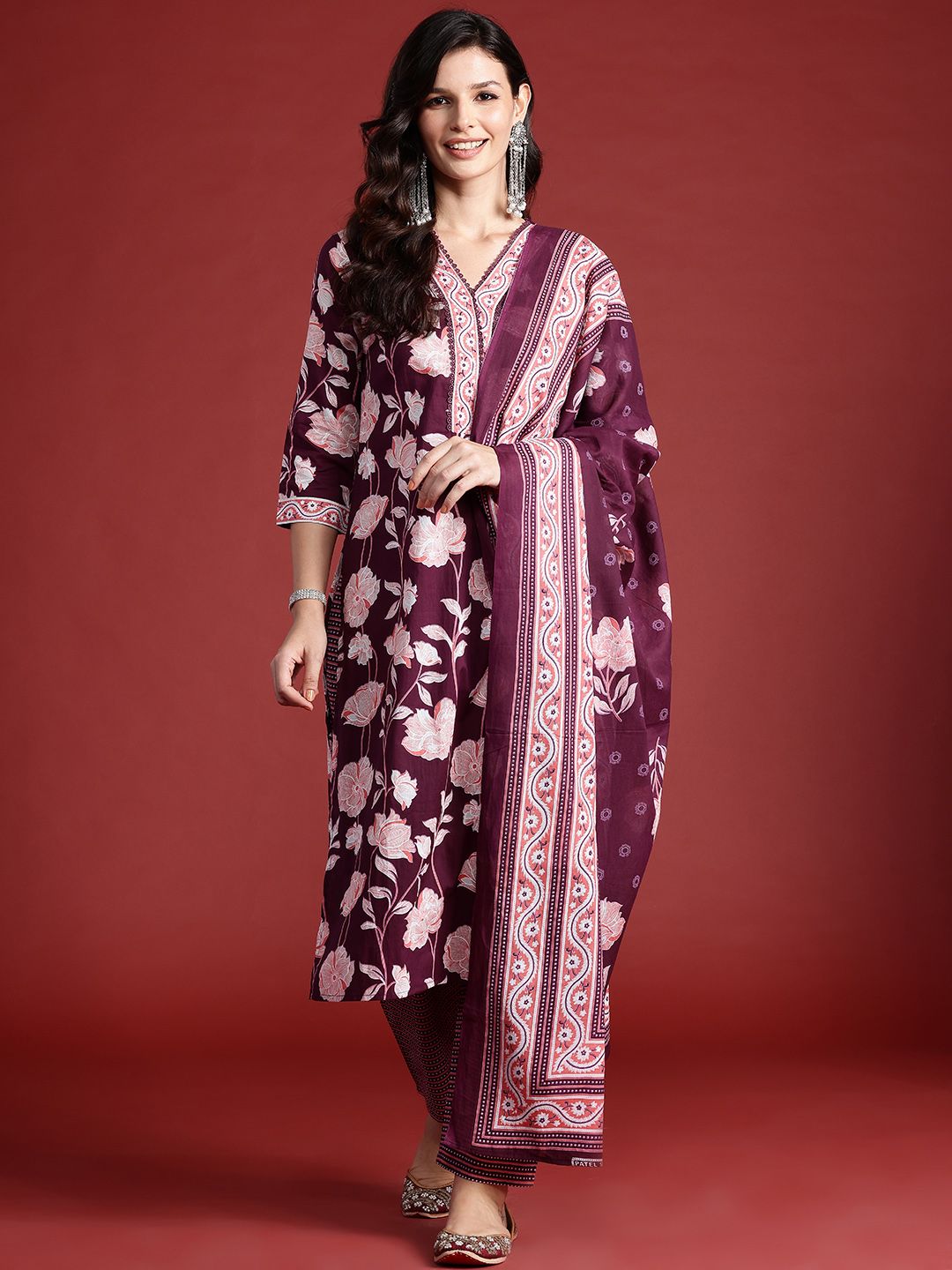 Floral Printed Pure Cotton Kurta With Trousers & Dupatta