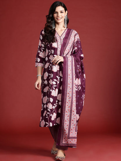 Floral Printed Pure Cotton Kurta With Trousers & Dupatta