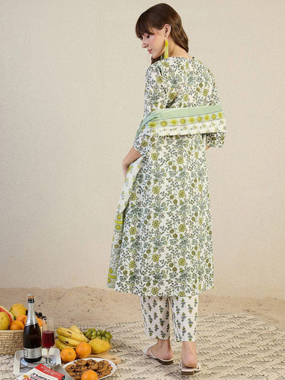 Dhiyona IE Floral Printed V-Neck Pleated Pure Cotton A-Line Kurta & Trousers With Dupatta