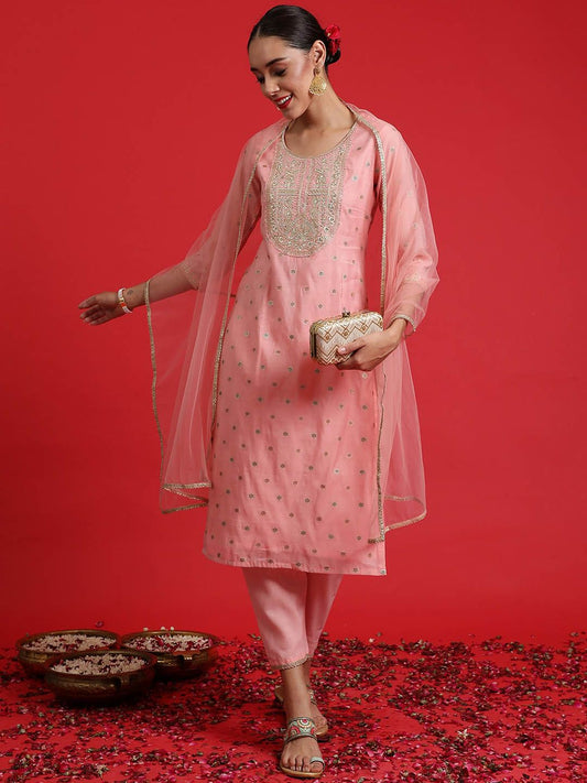 Dhiyona IE Ethnic Motifs Embroidered Sequinned Kurta With Trousers & Dupatta