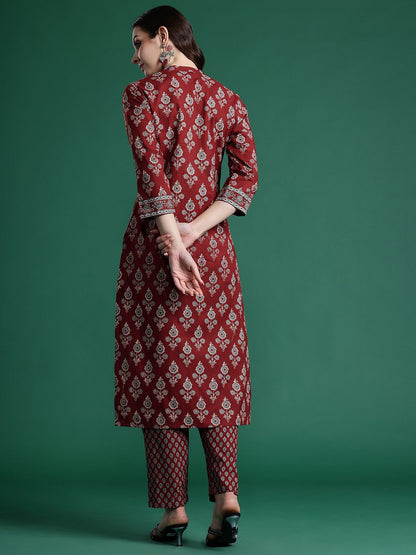 Dhiyona IE Ethnic Motifs Printed Pure Cotton Kurta with Trousers