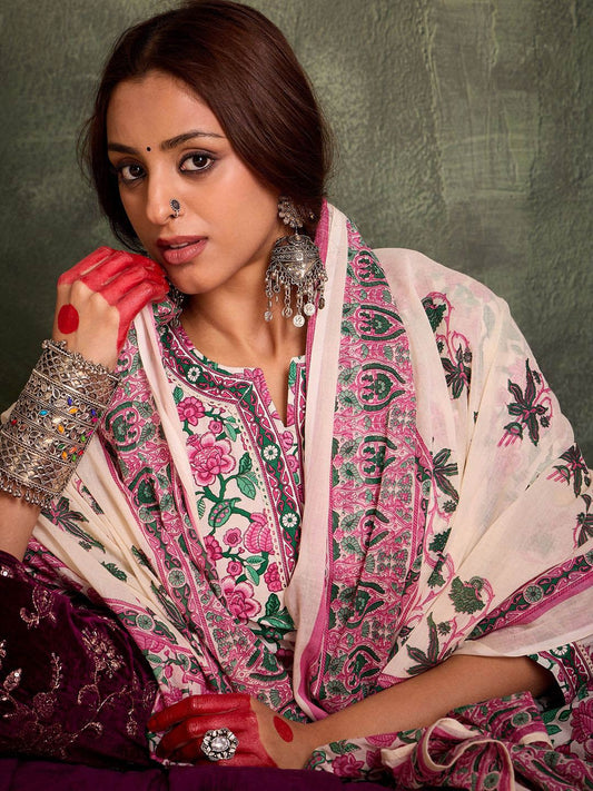 Dhiyona IE Floral Printed Pure Cotton Straight Kurta With Trousers & Dupatta