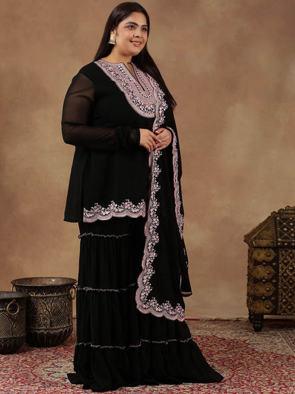 Dhiyona IN Szie Floral Embroidered Thread Work Kurta With Sharara & Dupatta