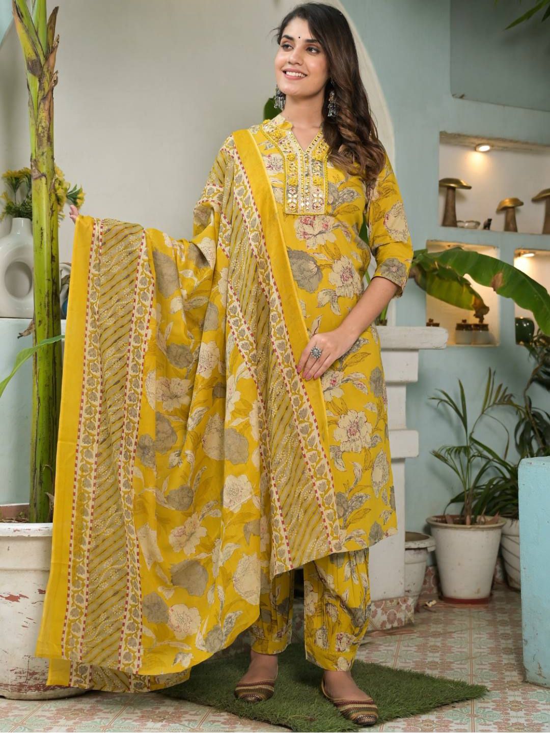 Dhiyona VA Women's Floral Printed Regular Mirror Work Pure Cotton Kurta with Salwar & With Dupatta