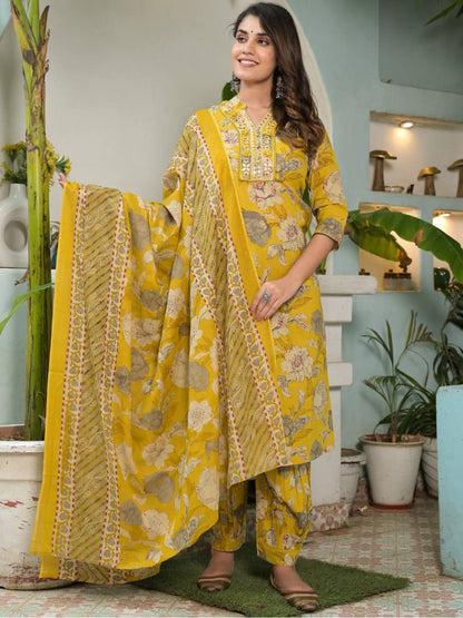 Dhiyona VA Women's Floral Printed Regular Mirror Work Pure Cotton Kurta with Salwar & With Dupatta