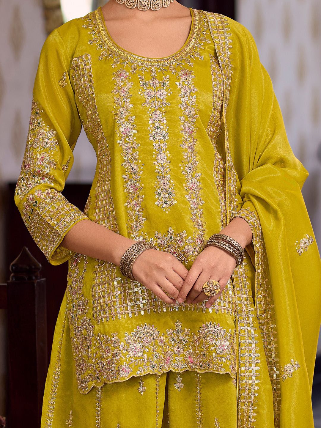 Women Ethnic Motifs Embroidered Regular Sequinned Kurta with Palazzos & With Dupatta