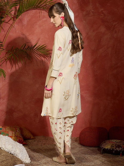 Floral Printed V-Neck Straight Kurta with Dhoti Pants