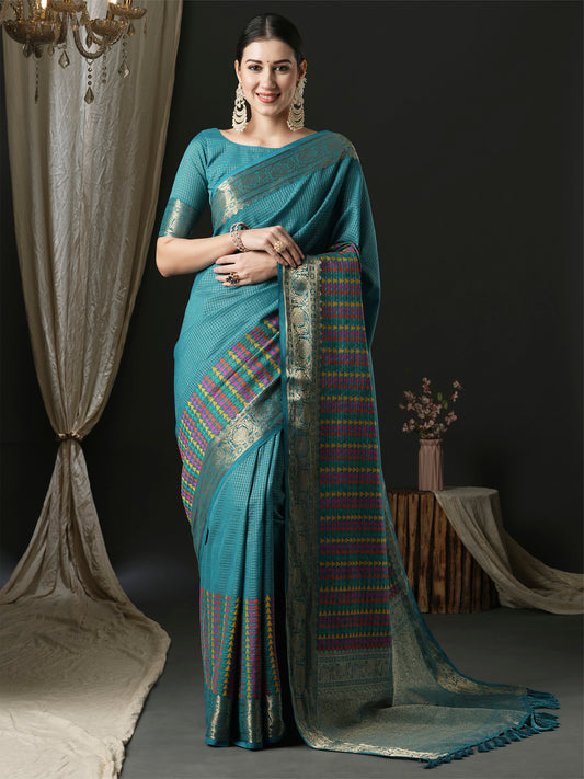 Women's Silk Blend Blue Woven Design Designer Saree With Blouse Piece