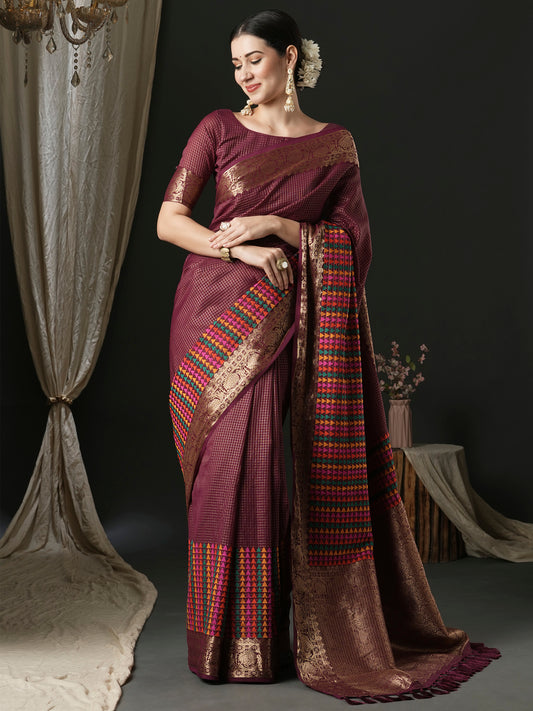 Women's Silk Blend Magenta Woven Design Designer Saree With Blouse Piece