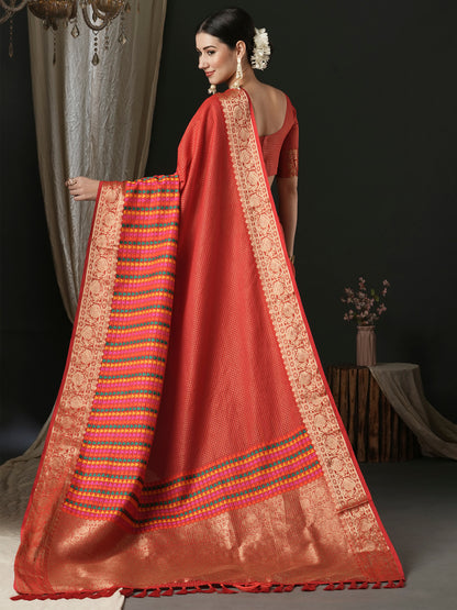 Women's Silk Blend Red Woven Design Designer Saree With Blouse Piece