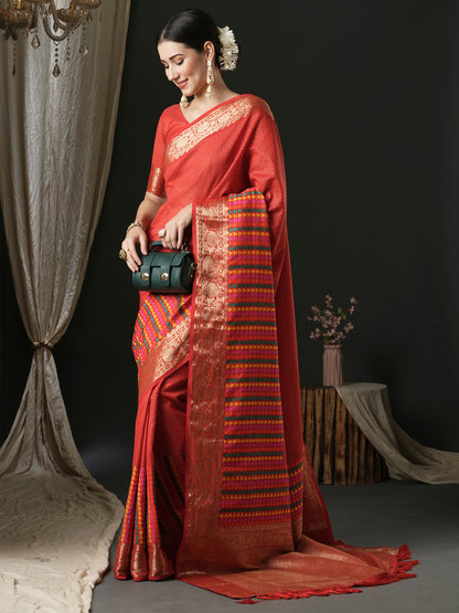 Women's Silk Blend Red Woven Design Designer Saree With Blouse Piece