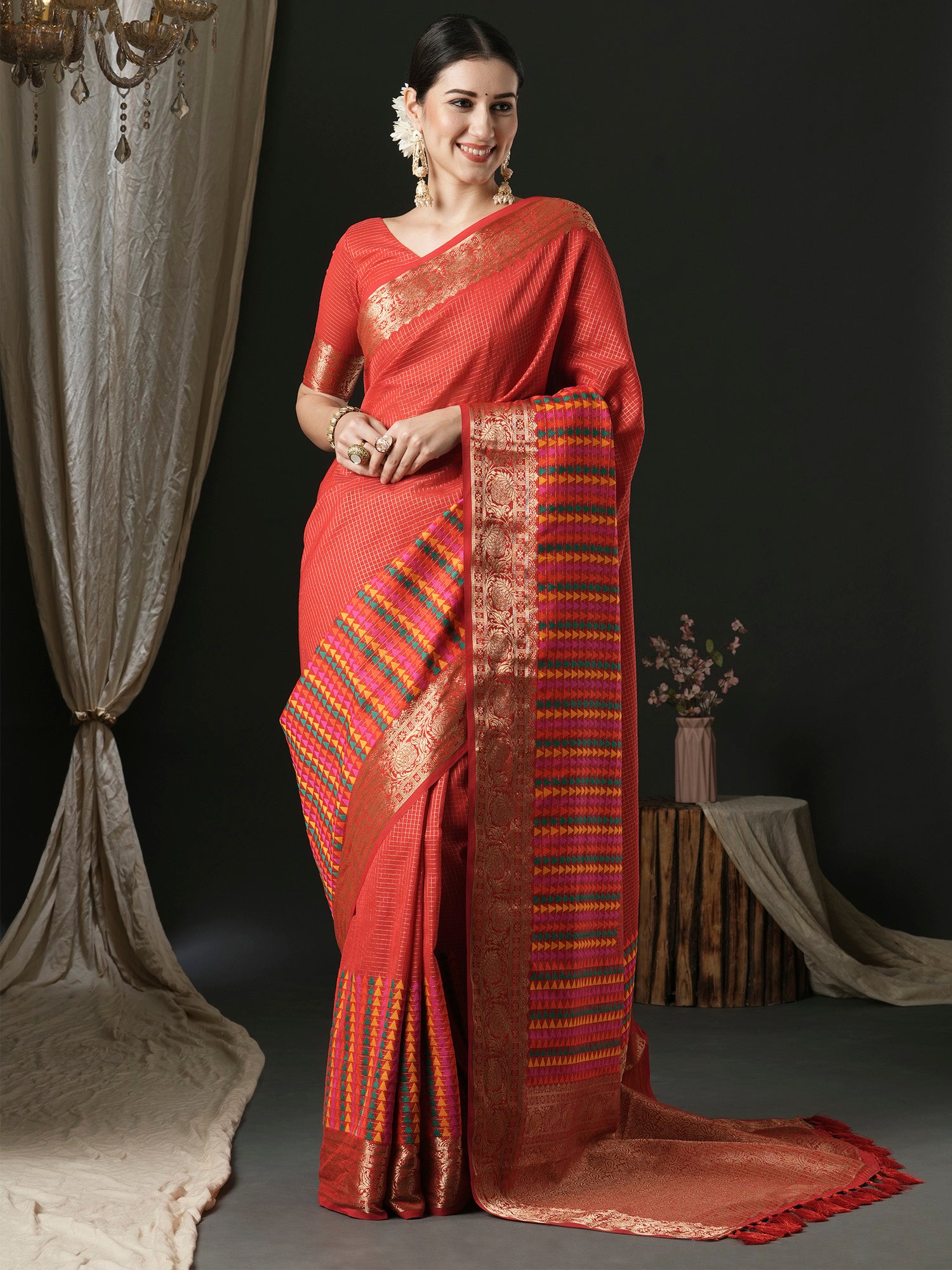 Women's Silk Blend Red Woven Design Designer Saree With Blouse Piece