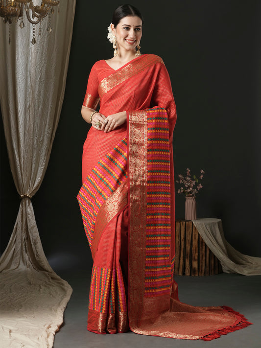 Women's Silk Blend Red Woven Design Designer Saree With Blouse Piece
