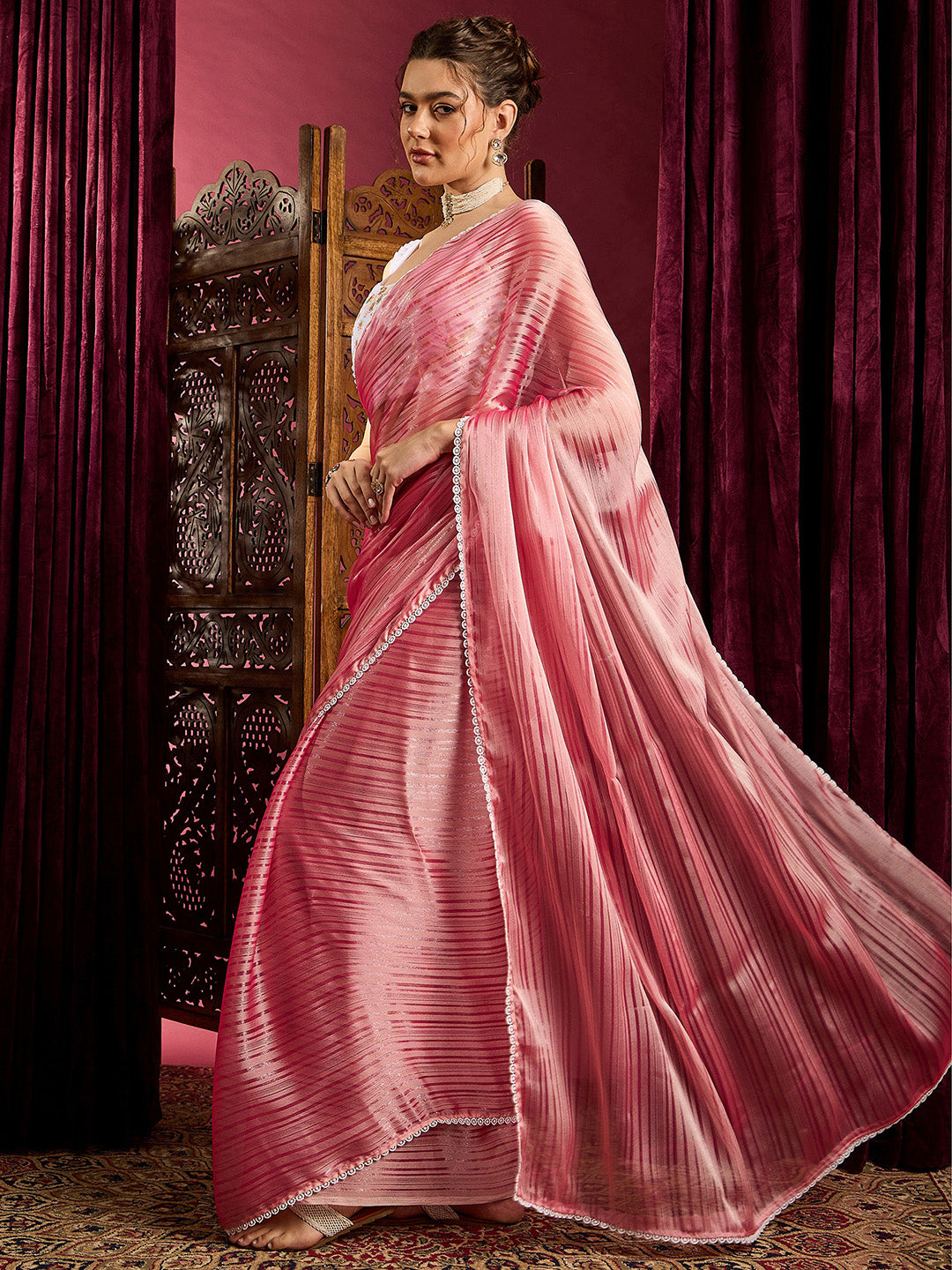 Women's Chiffon Pink Solid Celebrity Saree With Blouse Piece