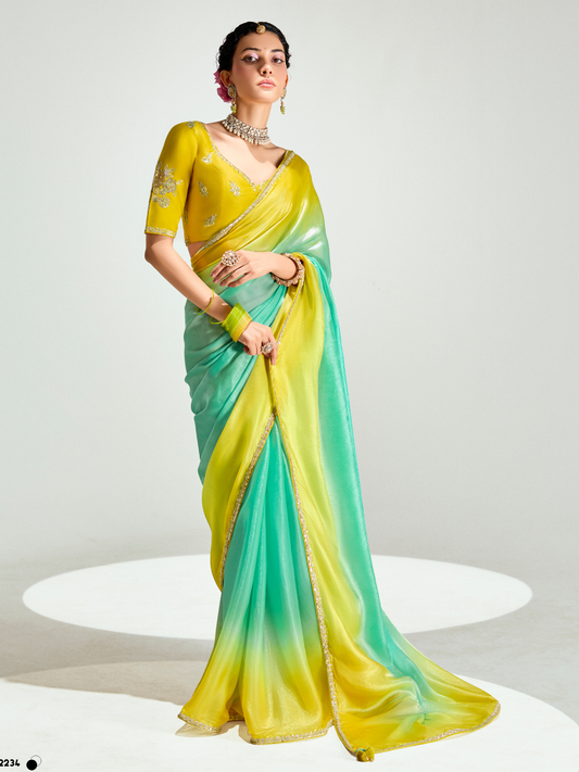 Dhiyona KM Women Yellow Shade Organza Saree