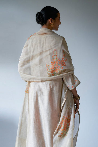 Women's Beige Woven Viscose Chanderi Kurta Suit Set With Delicate Hand Work Detailing and Embroidery Placket