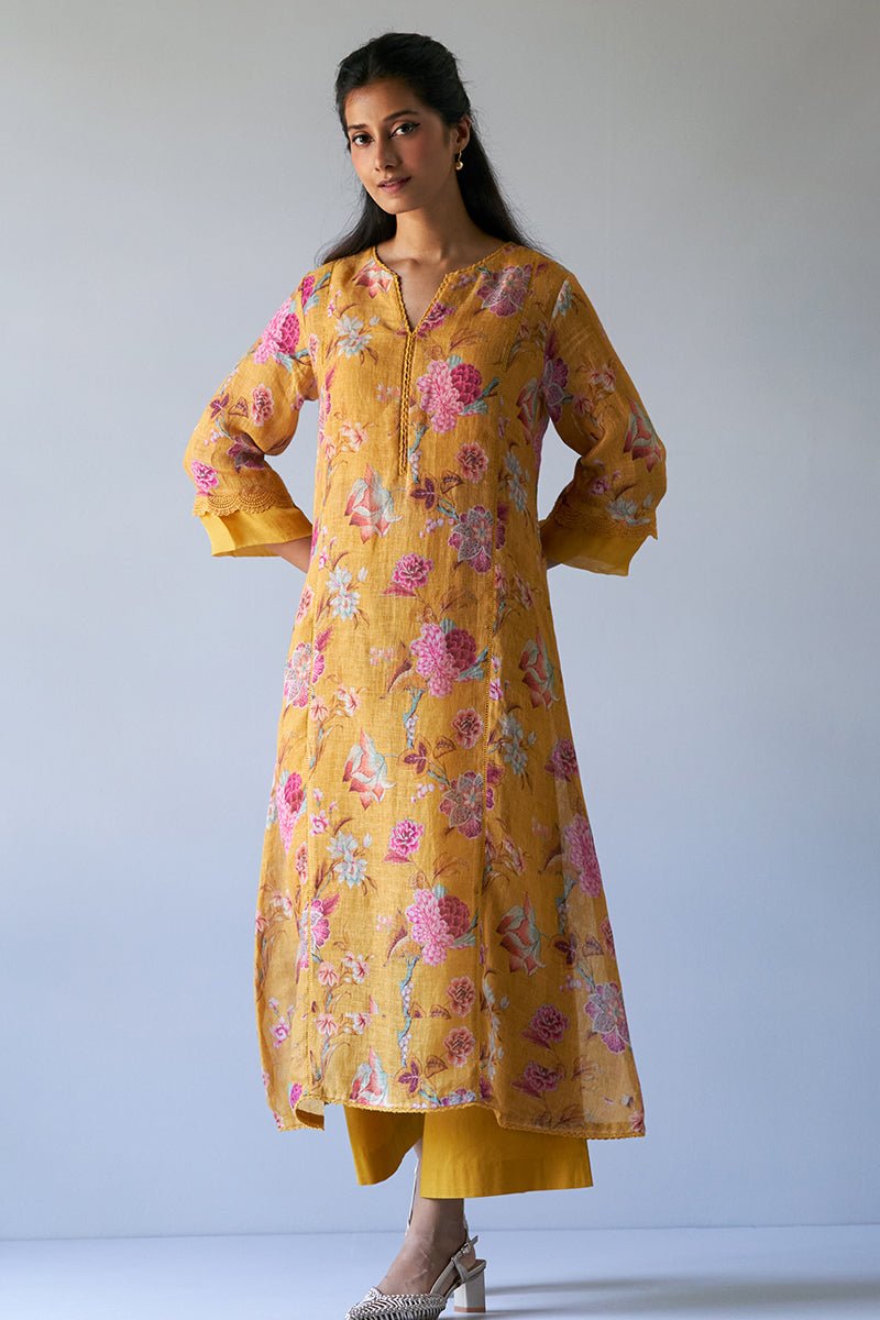 Women's Mustard Yellow Linen Chintz Printed Co-ord Set