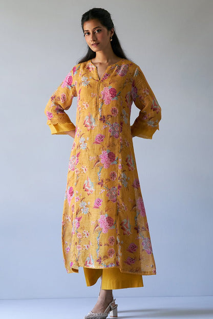 Women's Mustard Yellow Linen Chintz Printed Co-ord Set