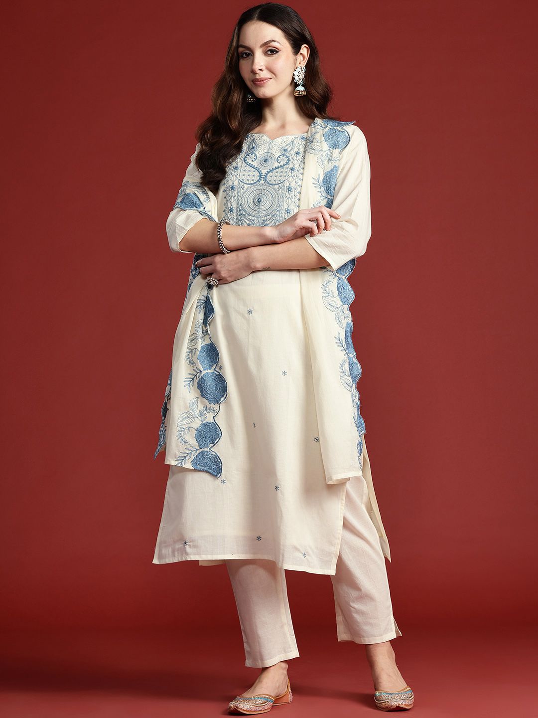Dhiyona IE Paisley Embroidered Thread Work Pure Cotton Kurta with Trousers & With Dupatta
