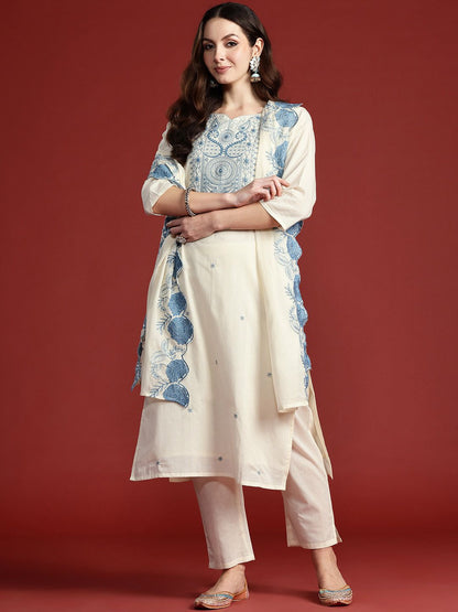 Dhiyona IE Paisley Embroidered Thread Work Pure Cotton Kurta with Trousers & With Dupatta