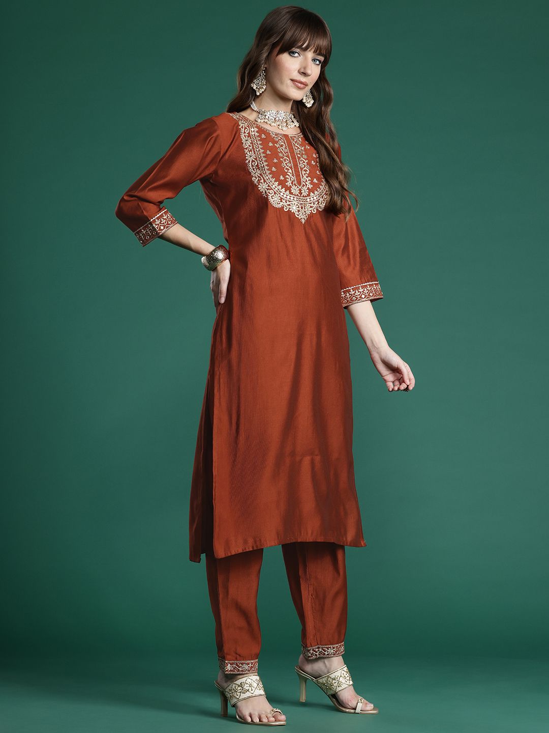 Floral Embroidered Liva Kurta with Trousers & With Dupatta