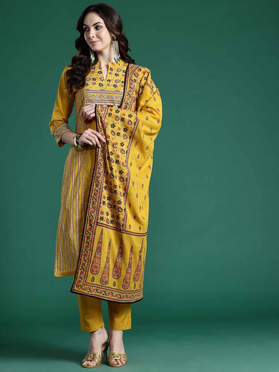 Dhiyona IE Ethnic Motifs Printed Pure Cotton Kurta with Trousers & Dupatta