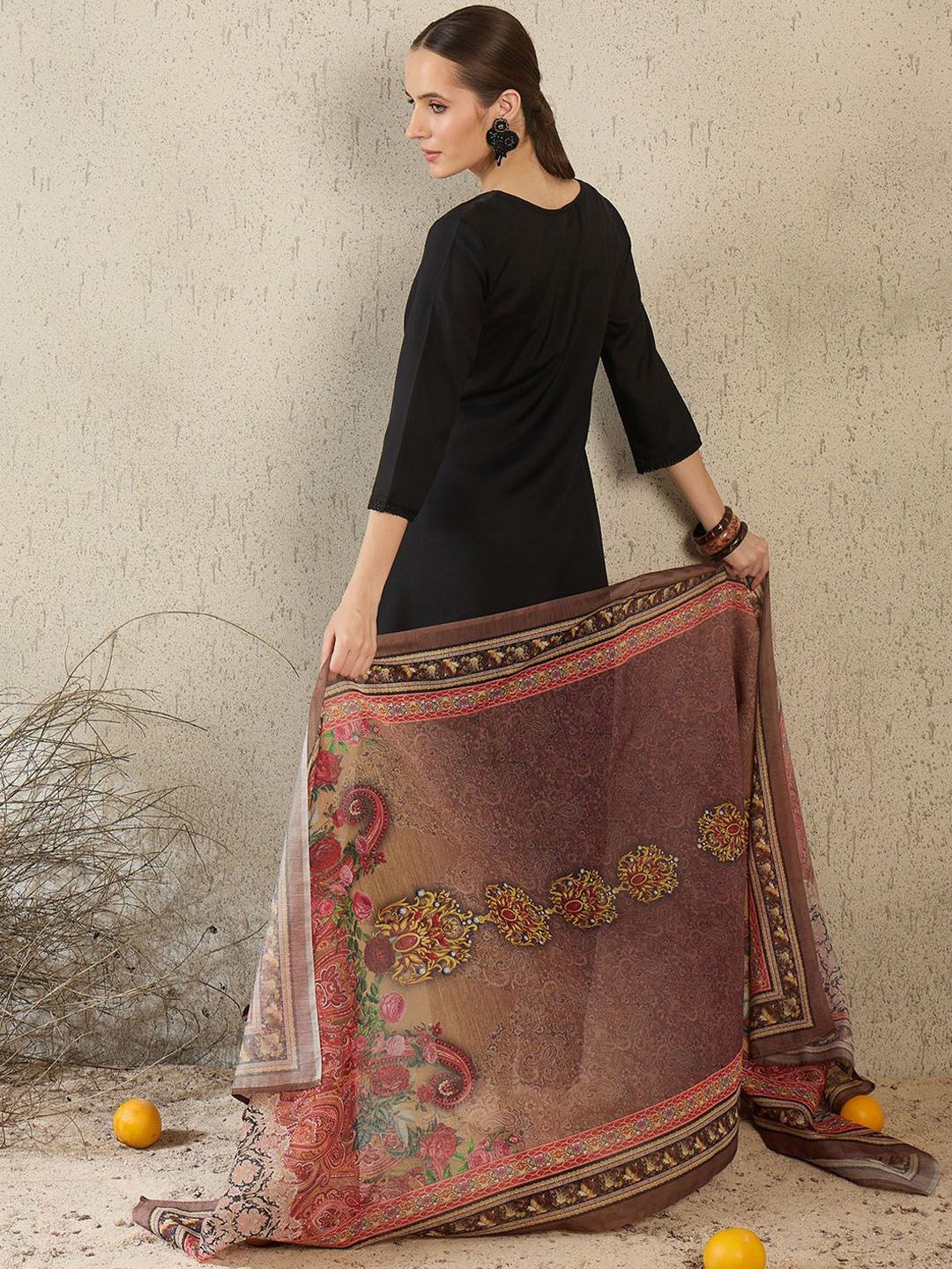 V-Neck A-Line Kurta With Trousers & Dupatta