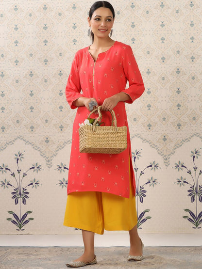 Dhiyona OD  Red & Yellow Ethnic Motif Printed Notched Neck Kurta With Palazzos