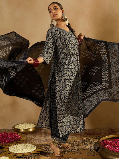 Dhiyona IE Floral Printed Regular Pure Cotton Straight Kurta with Trousers & Dupatta