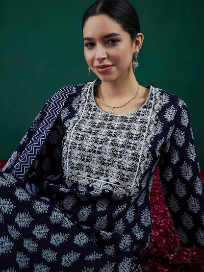 Dhiyona IE Ethnic Motifs Printed Thread Work Straight Kurta With Trousers & Dupatta