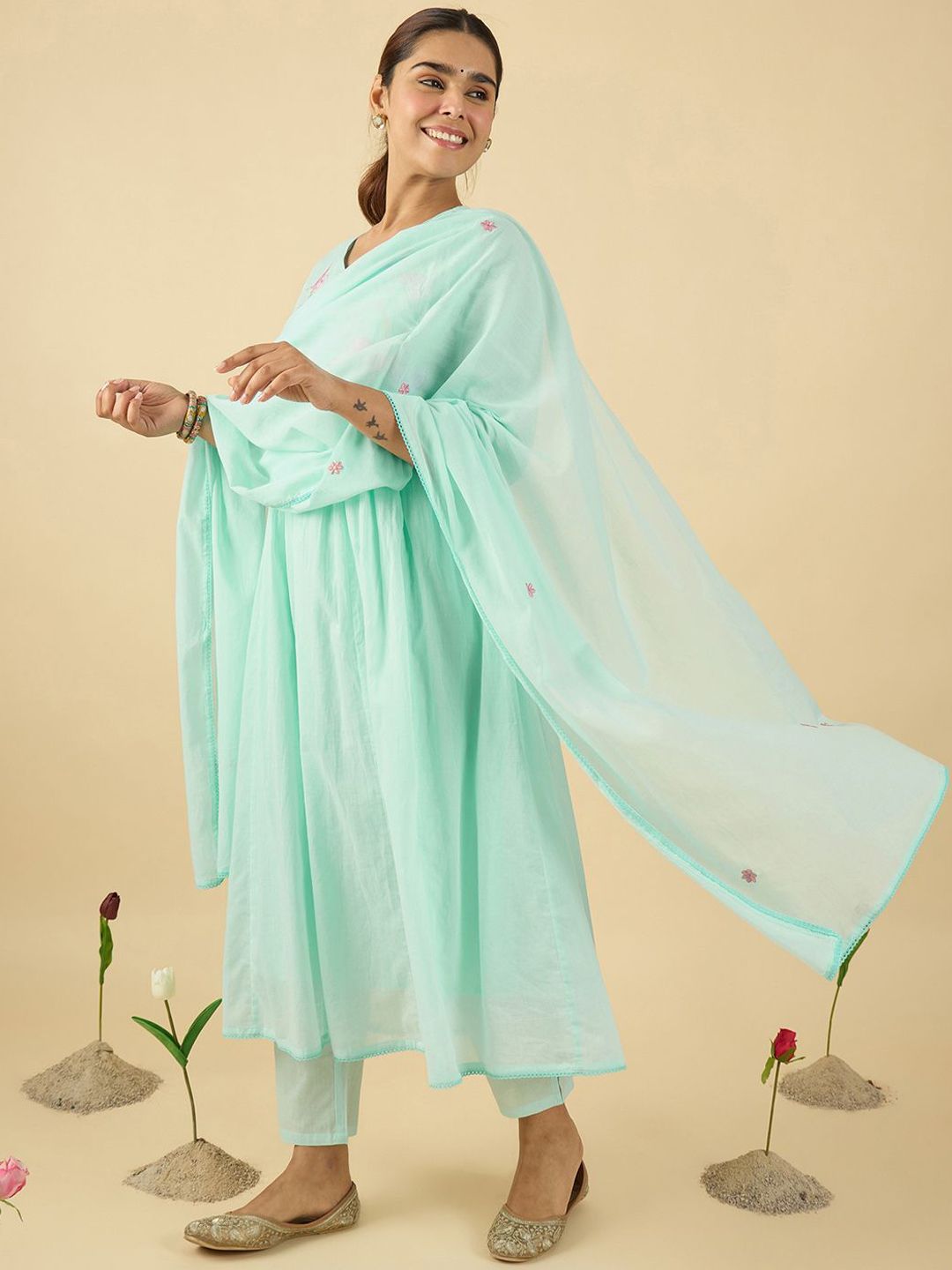 Women Floral Embroidered Cotton Kurta with Trousers & Dupatta